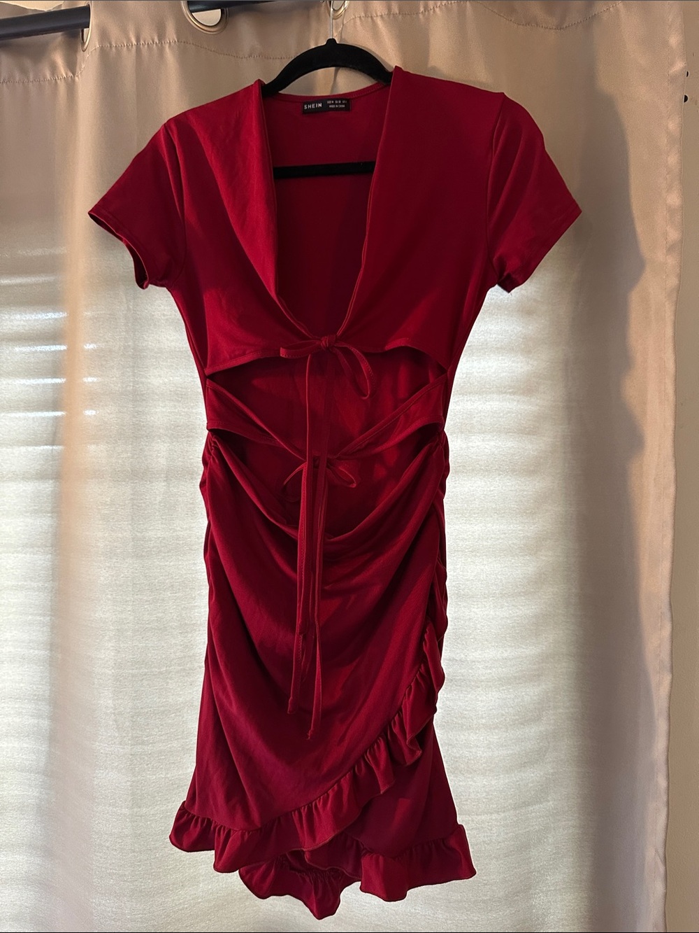 SHEIN Crimson Tie-Front Ruched Mini Dress
